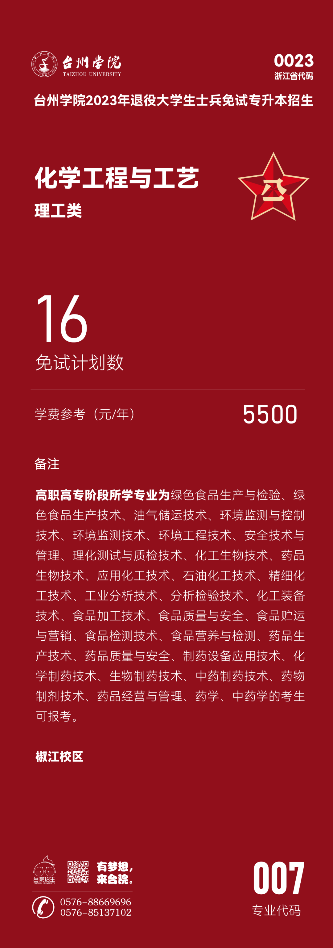 臺(tái)州學(xué)院退役大學(xué)生士兵免試專升本招生專業(yè)